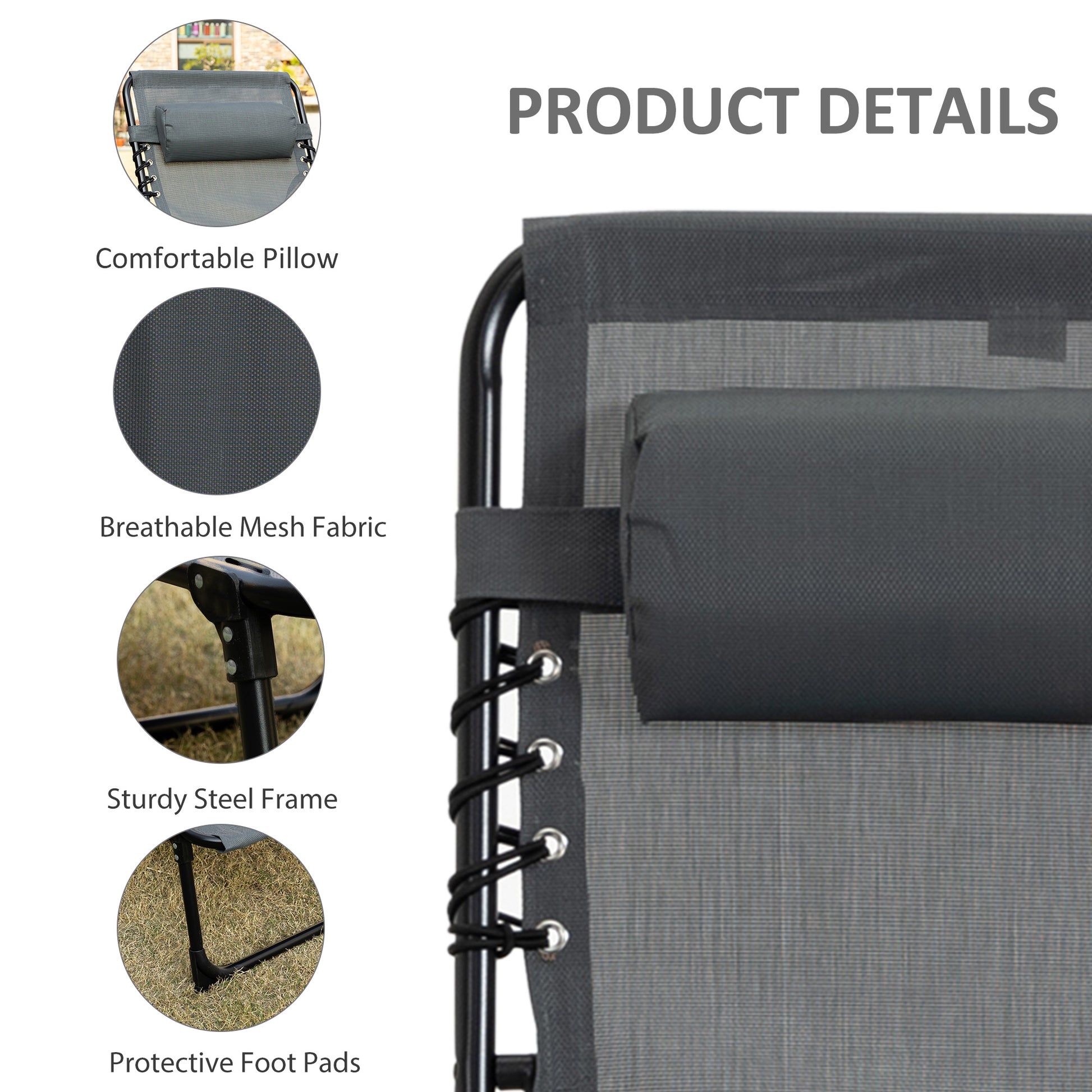 Outdoor Folding Chaise Lounge, Reclining Lounge Chair with Adjustable Backrest and Removable Pillow, Grey