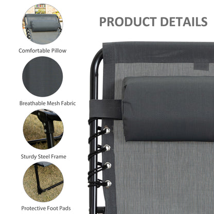 Outdoor Folding Chaise Lounge, Reclining Lounge Chair with Adjustable Backrest and Removable Pillow, Grey