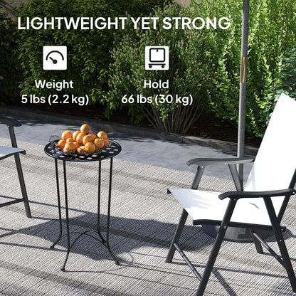 16" Round Outdoor Table, Small Patio Side Table, Metal End Table Plant Stand with Grid Top for Indoor, Garden, Black