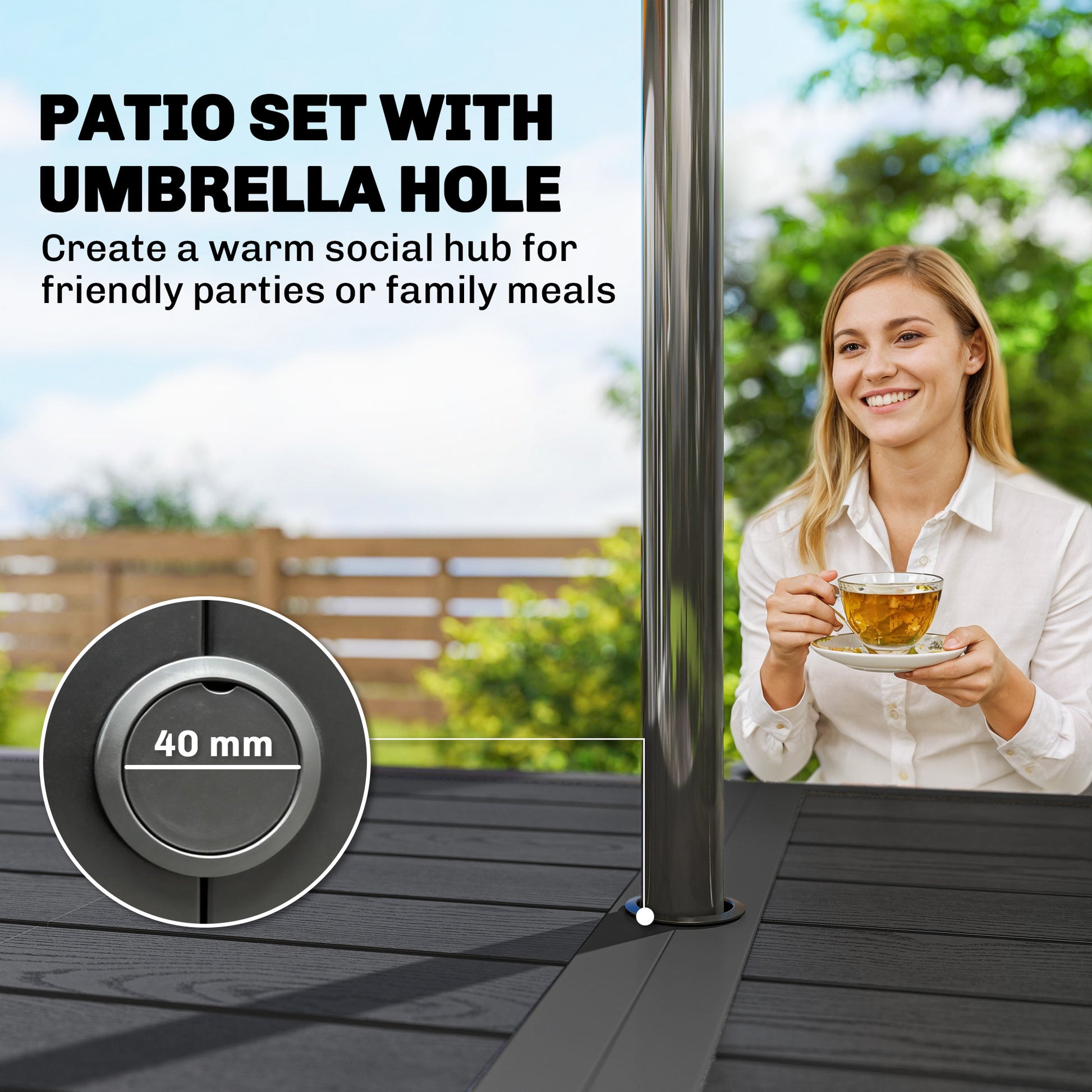 Outdoor Dining Set for 6, Faux Wood Metal Patio Table and Mesh Stackable Chairs with Umbrella Hole, Black