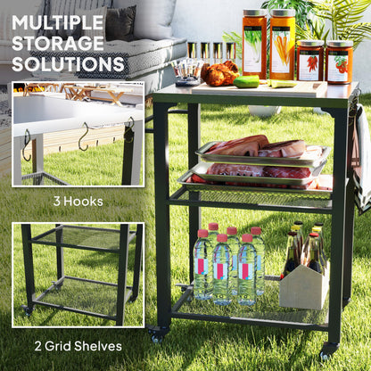 3-Shelf Outdoor Grill Cart Table with Stainless Steel Top, Hooks, Pizza Oven Stand on Wheels