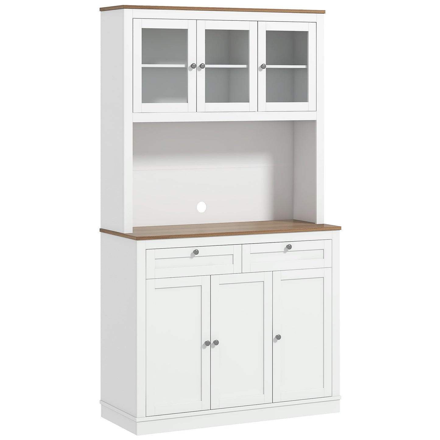 71" Pantry Cabinet with Microwave Space, Buffet with Hutch, 2 Drawers, Adjustable Shelves and Glass Doors, White