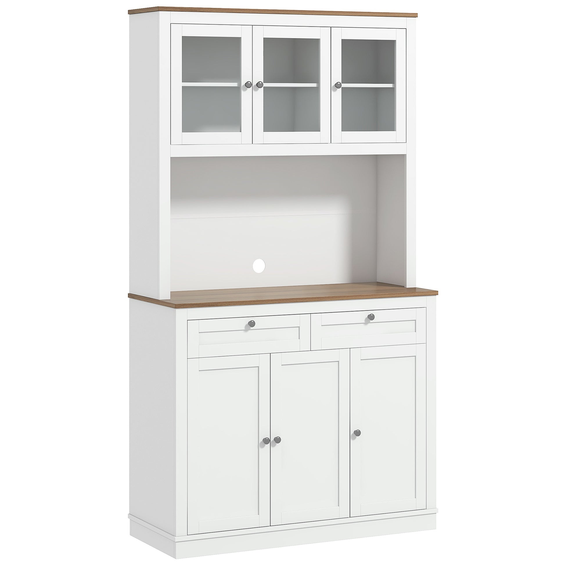 71" Pantry Cabinet with Microwave Space, Buffet with Hutch, 2 Drawers, Adjustable Shelves and Glass Doors, White