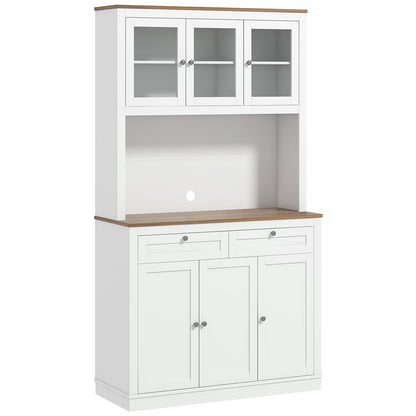 71" Pantry Cabinet with Microwave Space, Buffet with Hutch, 2 Drawers, Adjustable Shelves and Glass Doors, White