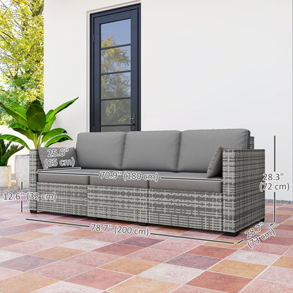 3-Seater Outdoor Sofa with Cushions, PE Rattan Conversation Patio Couch with Pillows for Garden, Poolside, Grey