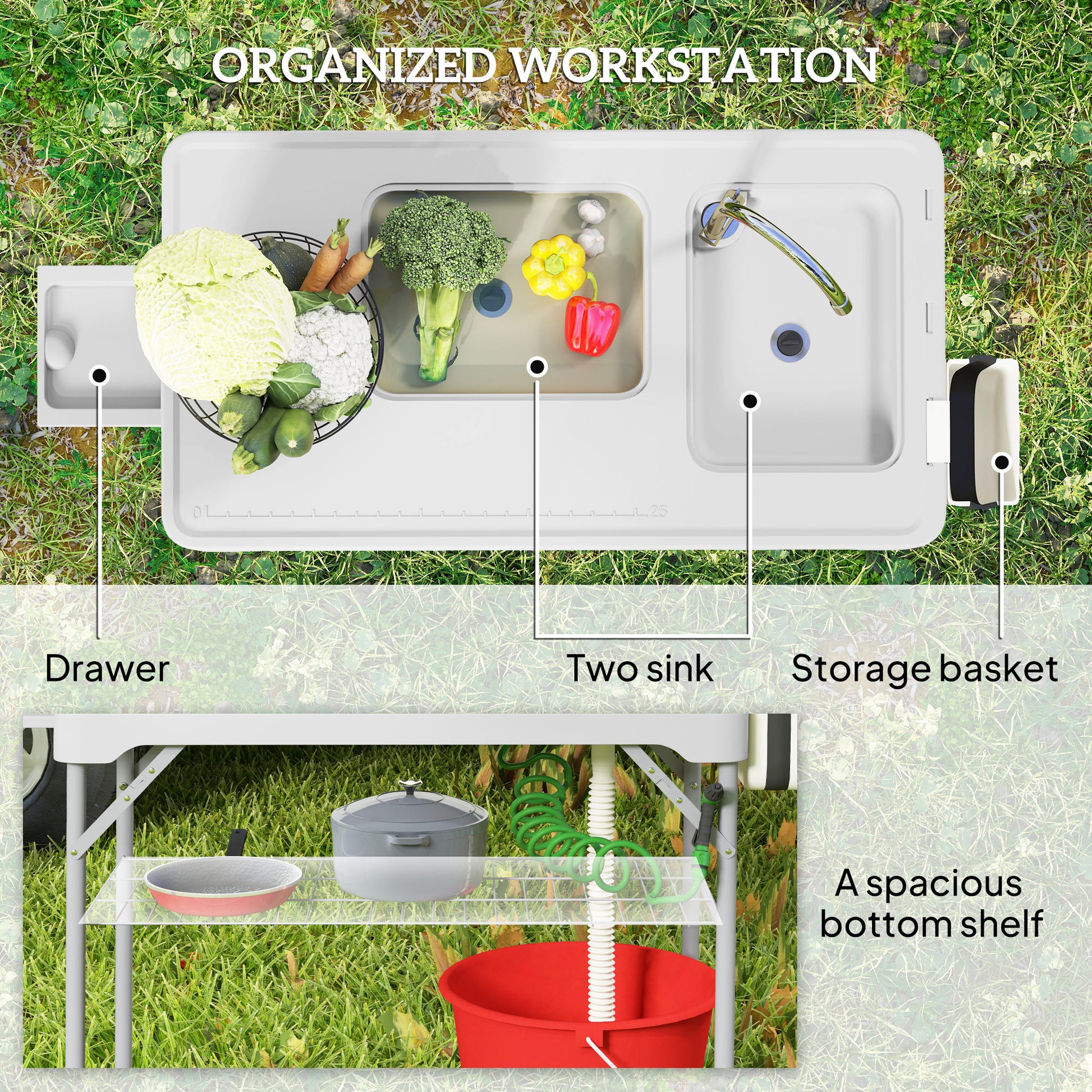 Folding Fish Cleaning Table with Sinks, Camping Sink with Faucet Drainage Hose Sprayer Shelf, Grey