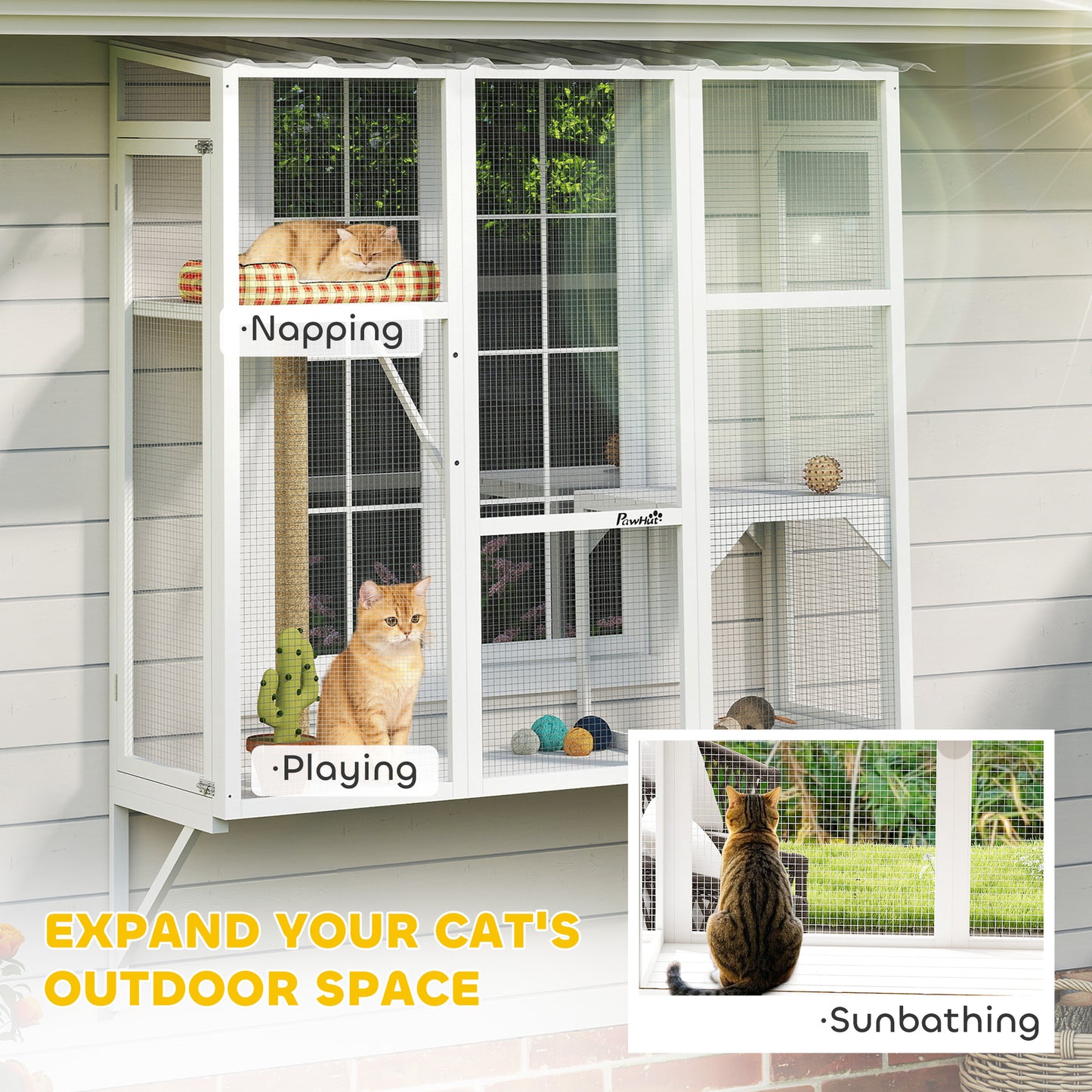 Wooden Catio Outdoor, Cat Window Box Enclosure for 2-3 Large Cats with 2 Jumping Platforms & Scratching Post, White
