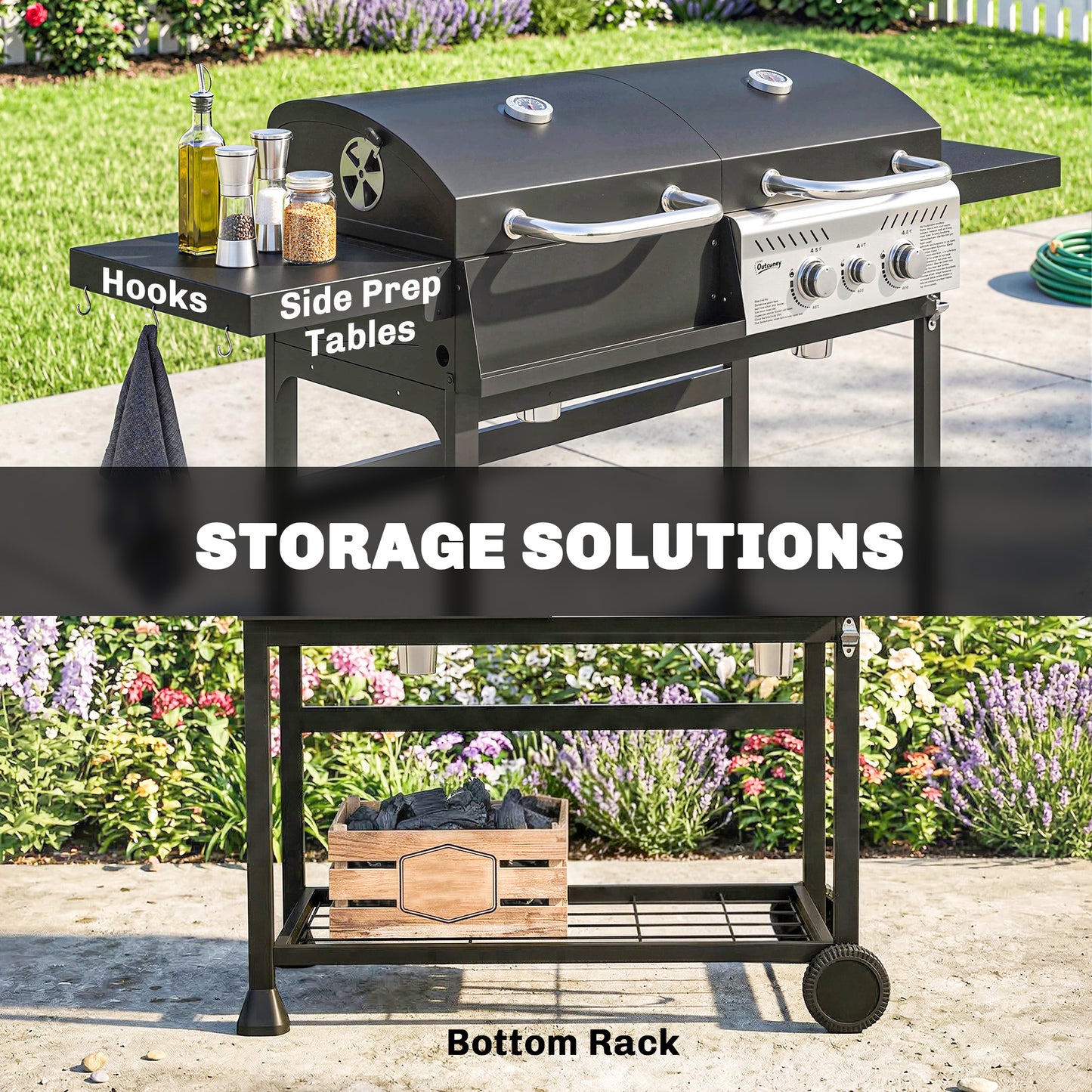Dual Fuel BBQ Grill, Charcoal and 2+1 Gas Burner Barbecue Grill with Wheels, Warming Rack, Black