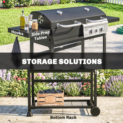 Dual Fuel BBQ Grill, Charcoal and 2+1 Gas Burner Barbecue Grill with Wheels, Warming Rack, Black