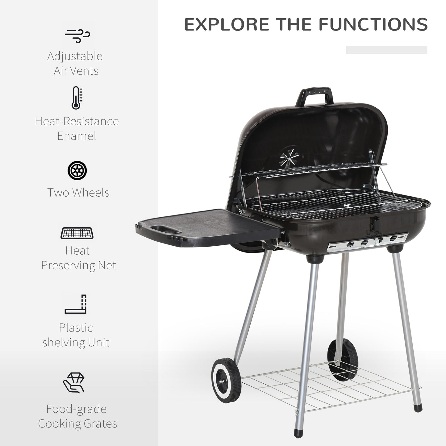 Charcoal BBQ Grill with Warming Rack & Storage Side Table, Portable Barbecue Smoker, 89 x 60 x 83 cm, Black
