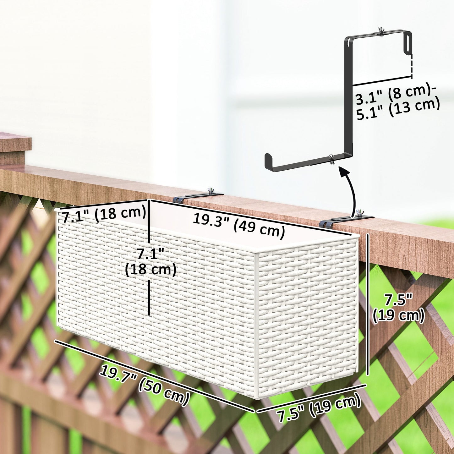 2 Pack 20 Inch Hanging Flower Pots, Railing Planter Box for Fence, Garden, Rattan Look, White