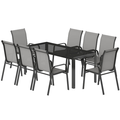 9 Pieces Patio Set with Stackable Chairs, Patio Dining Set with Glass Top for Garden, Patio, Backyard, Light Grey