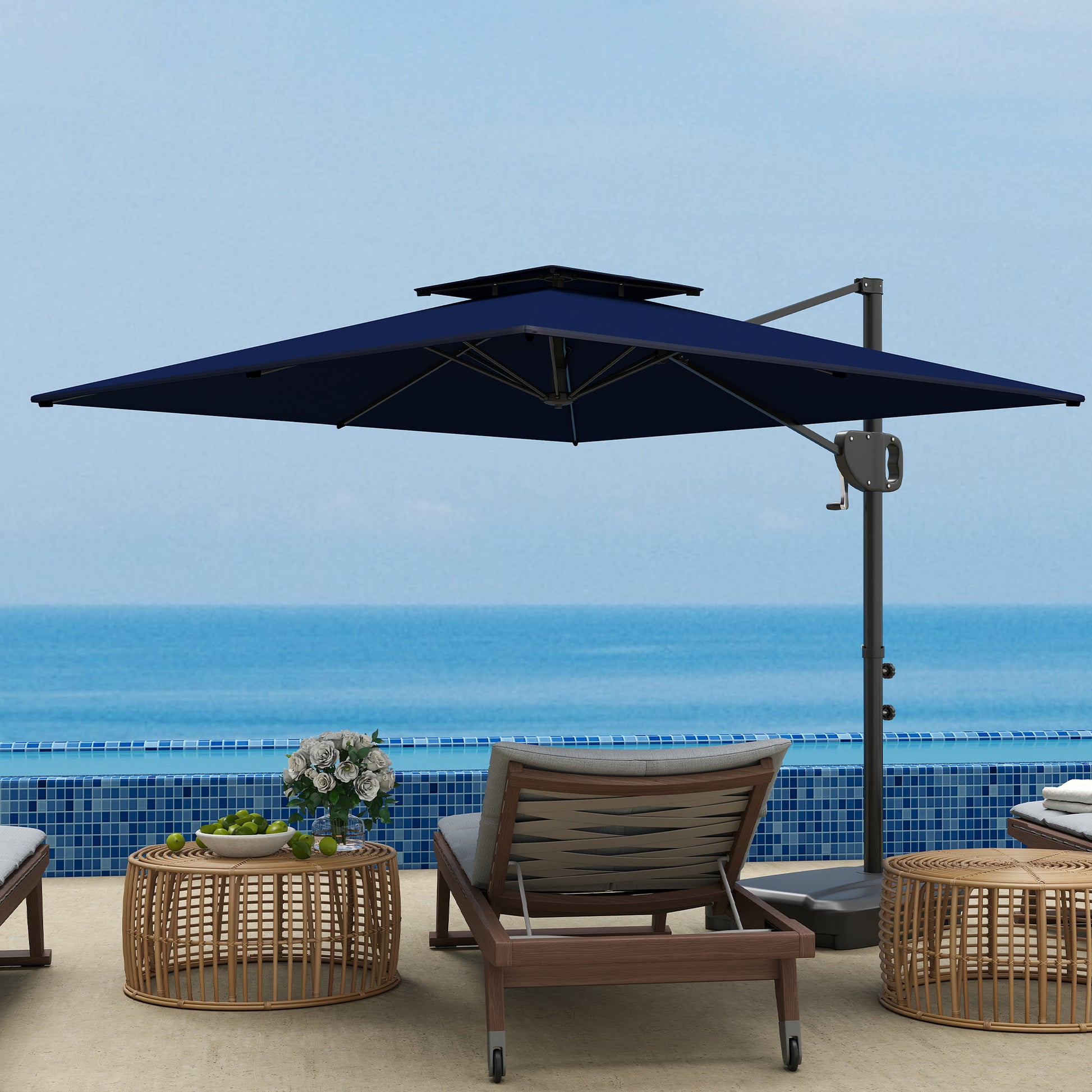Square Cantilever Patio Umbrella, Double Top Patio Hanging Offset Umbrella with Crank & Tilt, 8' x 9', Dark Blue
