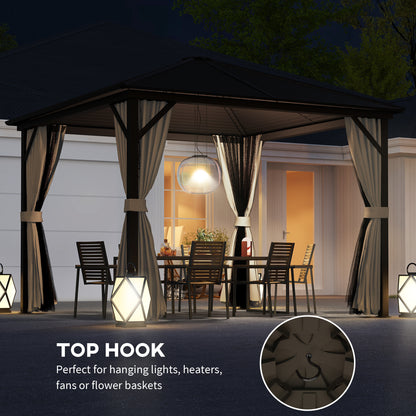 10' x 10' Hardtop Gazebo Outdoor Aluminum Gazebo Canopy with Mosquito Netting, Curtains, Hanging Hook, Brown
