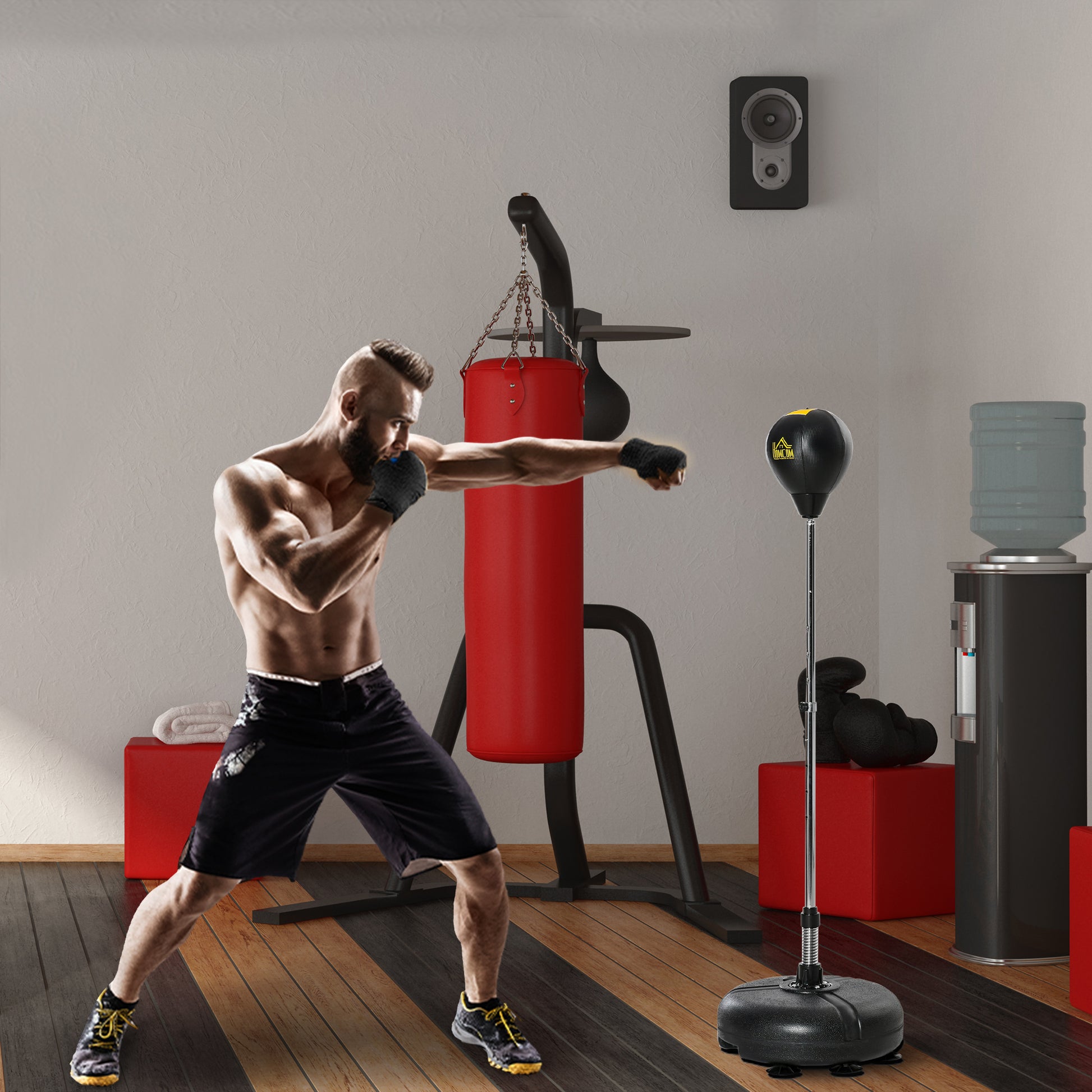 Soozier Reflex Bag with Stand, Freestanding Punching Bag Set with Speedball and Gloves, 52.4" -59.4" Adjustable Height for Home Gym Training