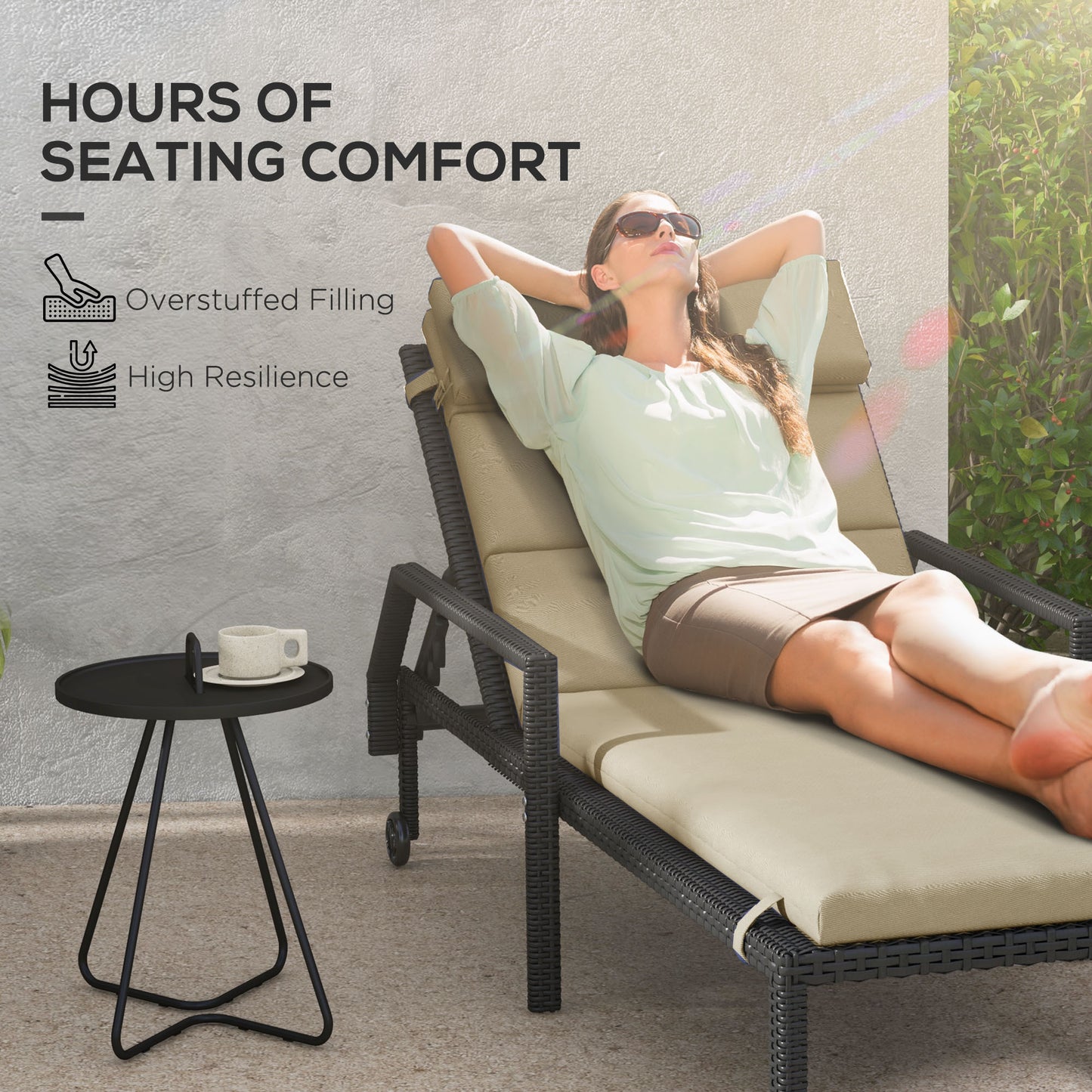 Patio Chaise Lounge Chair Cushion Replacement Sun Lounger Pads with Headrest and Ties, Beige