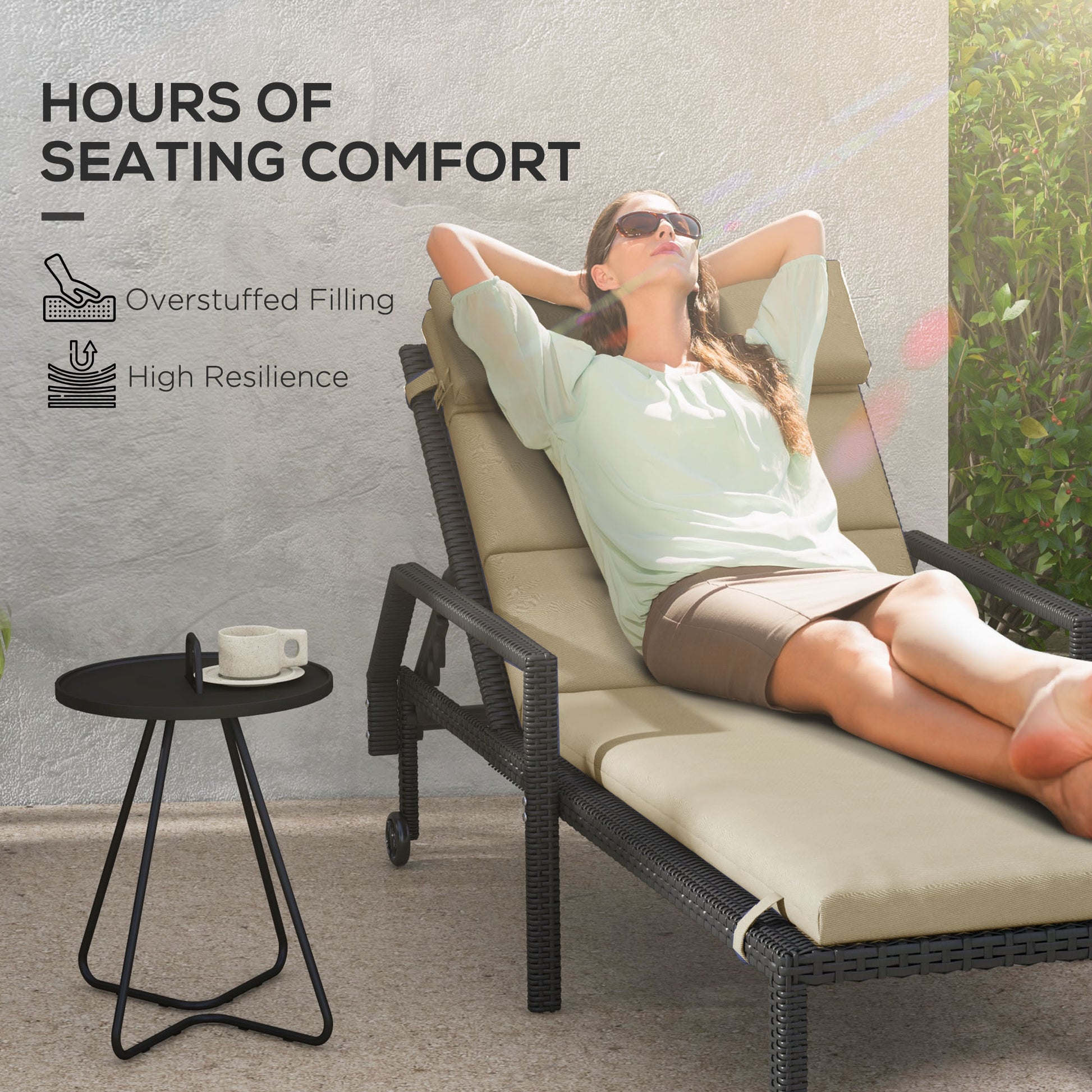 Patio Chaise Lounge Chair Cushion Replacement Sun Lounger Pads with Headrest and Ties, Beige