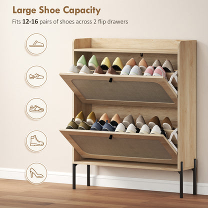 Shoe Cabinet with 2 Flip Drawers, Boho Narrow Shoe Storage Cabinet, Oak