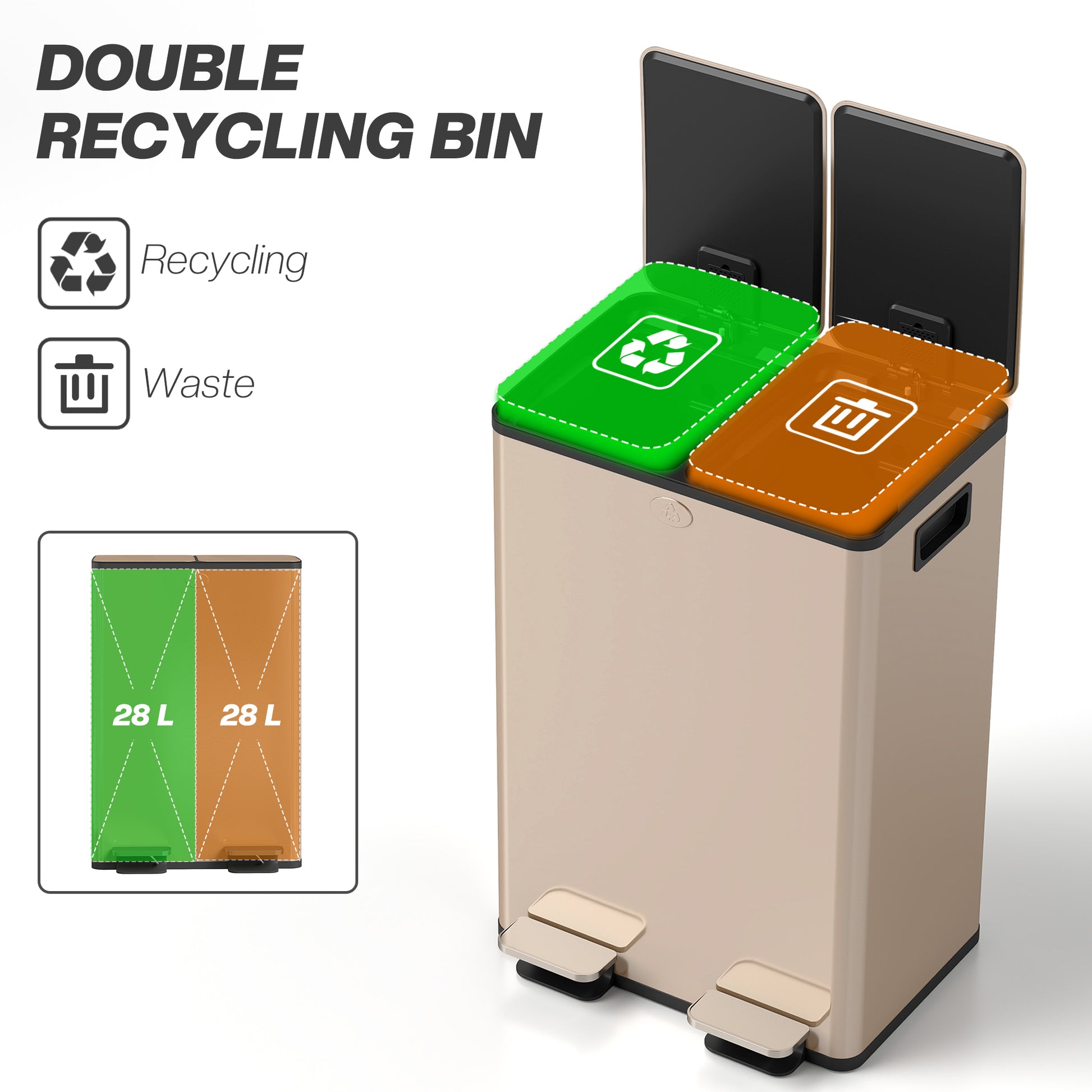 Dual Garbage Bin, Soft-Close Trash Can with Foot Pedal, 2 x 28 Liter Garbage Can with Removable Inner Buckets, Gold