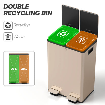 Dual Garbage Bin, Soft-Close Trash Can with Foot Pedal, 2 x 28 Liter Garbage Can with Removable Inner Buckets, Gold