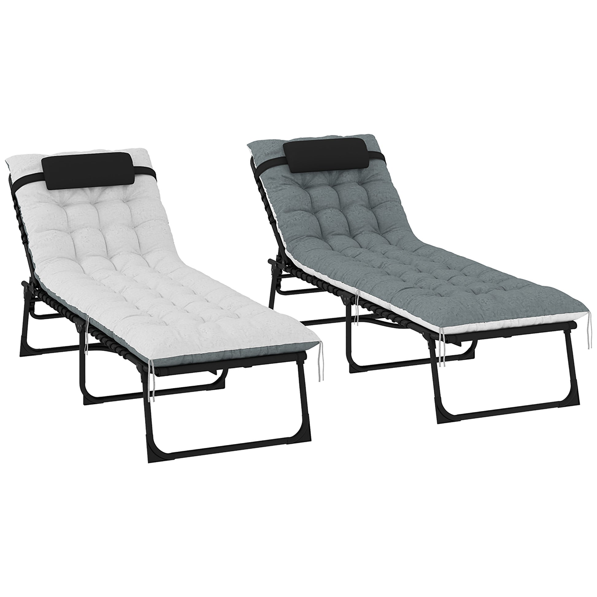 Outdoor Lounge Chair Set of 2, Folding Chaise Lounge Tanning Chair with Cushion, Side Pocket, Black/Grey