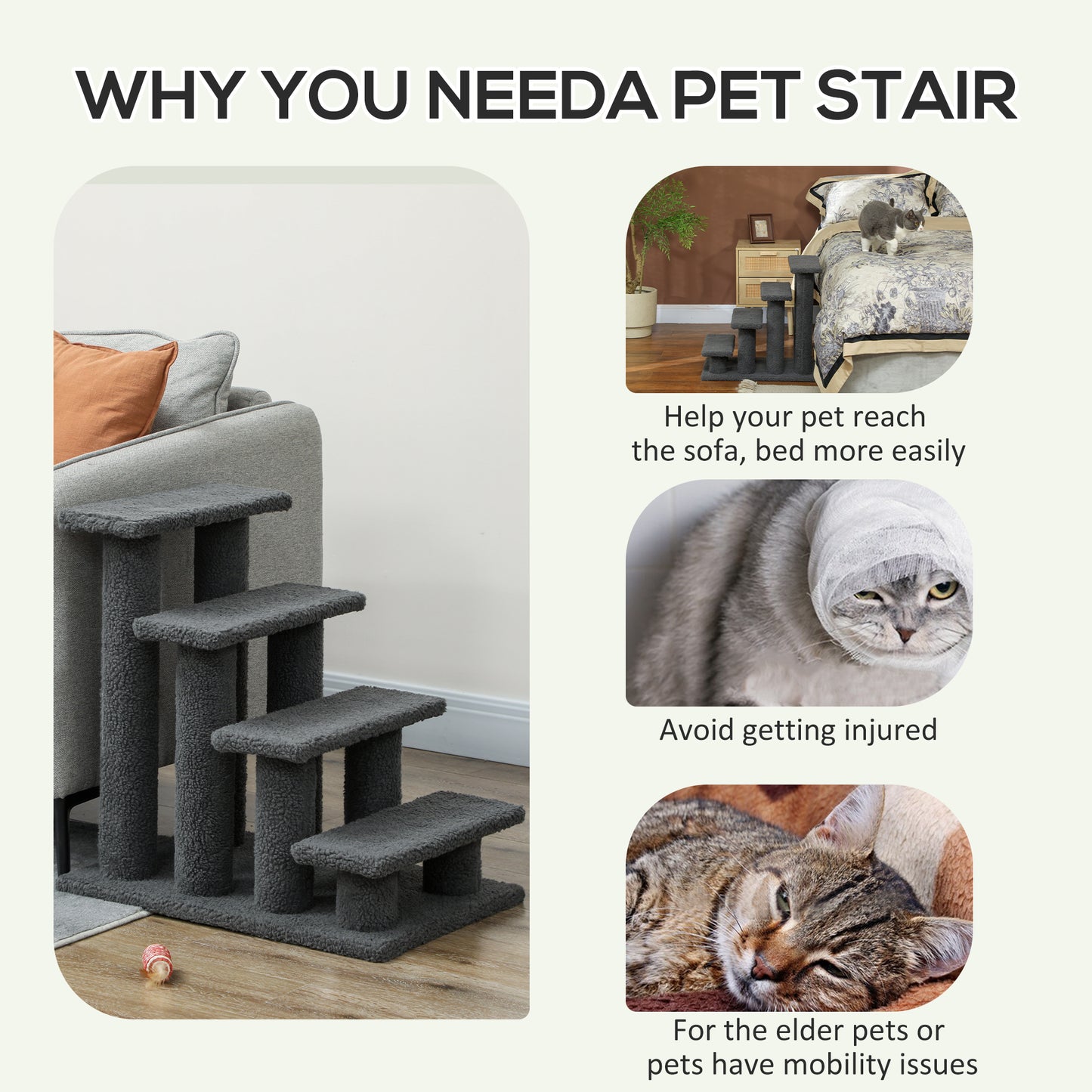 23.5" 4 Tier Pet Stairs Dog Cat Step Scratch Post Furniture, Dark Grey