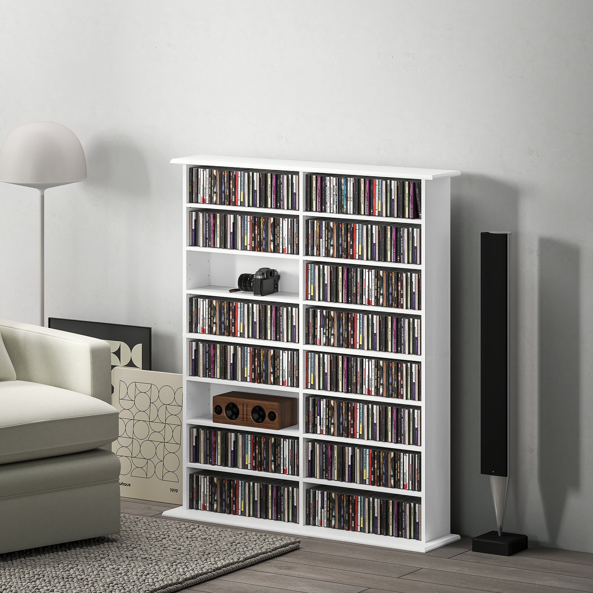 8-Tier DVD Shelf with 12 Adjustable Shelves, Double CD Shelf, Holds 720 CDs, 396 DVDs or 396 Blu-rays, White