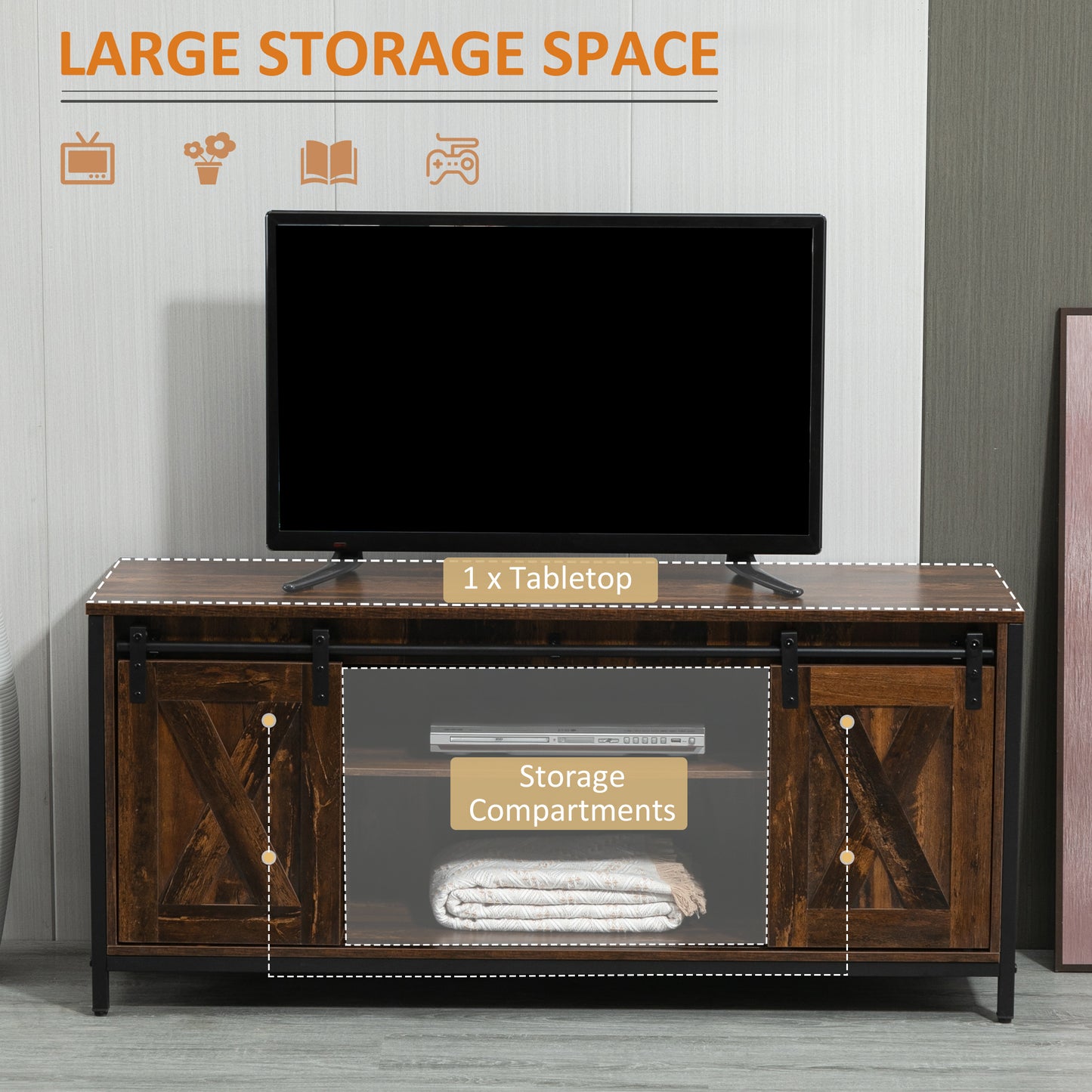 Industrial TV Stand for TVs up to 60", TV Console with Storage and 2 Sliding Barn Doors, Freestanding Entertainment Unit for Living Room, Bedroom, Brown