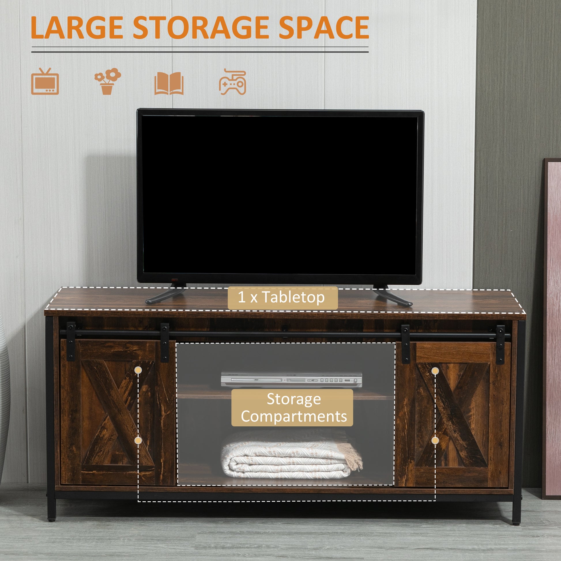 Industrial TV Stand for TVs up to 60", TV Console with Storage and 2 Sliding Barn Doors, Freestanding Entertainment Unit for Living Room, Bedroom, Brown