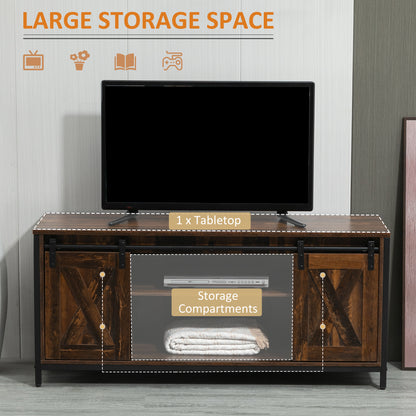 Industrial TV Stand for TVs up to 60", TV Console with Storage and 2 Sliding Barn Doors, Freestanding Entertainment Unit for Living Room, Bedroom, Brown