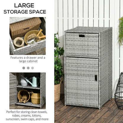 Patio Storage Cabinet, Outdoor Towel Rack for Pool, PE Rattan Wicker Hot Tub Accessory, with Basket Drawer, Mixed Grey