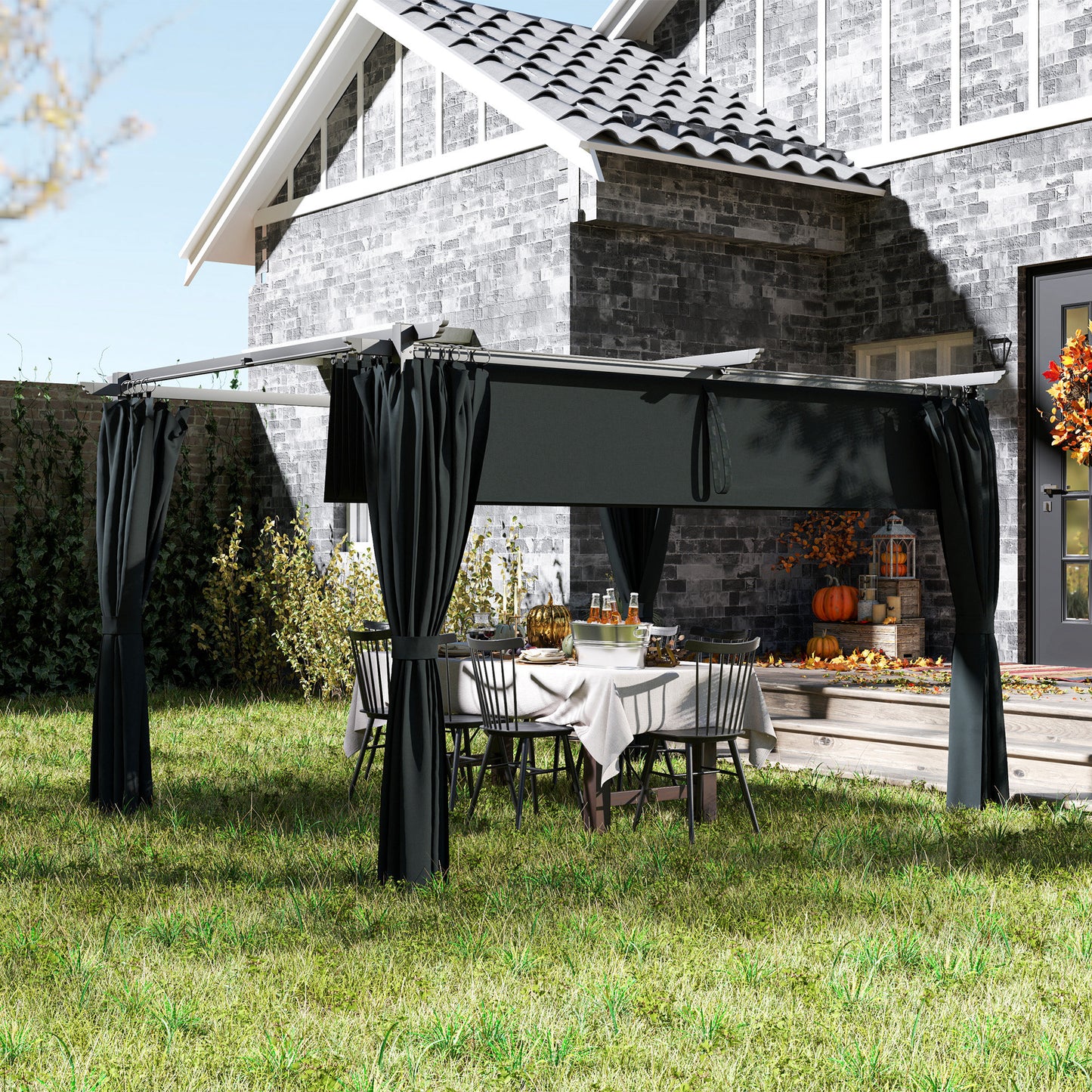 10' x 13' Pergola with Retractable Canopy and Curtains, UPF30+ Sun Shade Shelter for Grill, Garden, Backyard, Deck