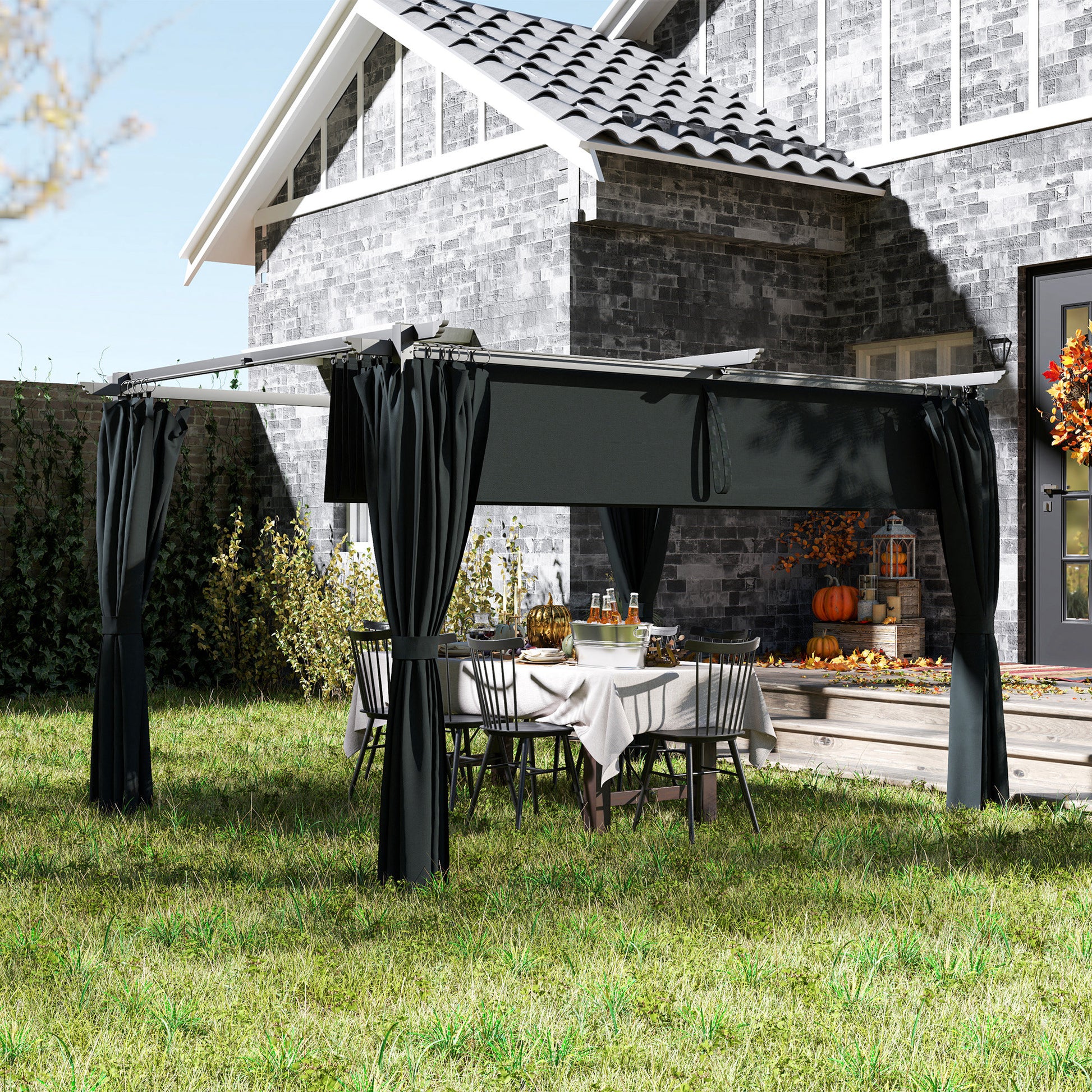 10' x 13' Pergola with Retractable Canopy and Curtains, UPF30+ Sun Shade Shelter for Grill, Garden, Backyard, Deck