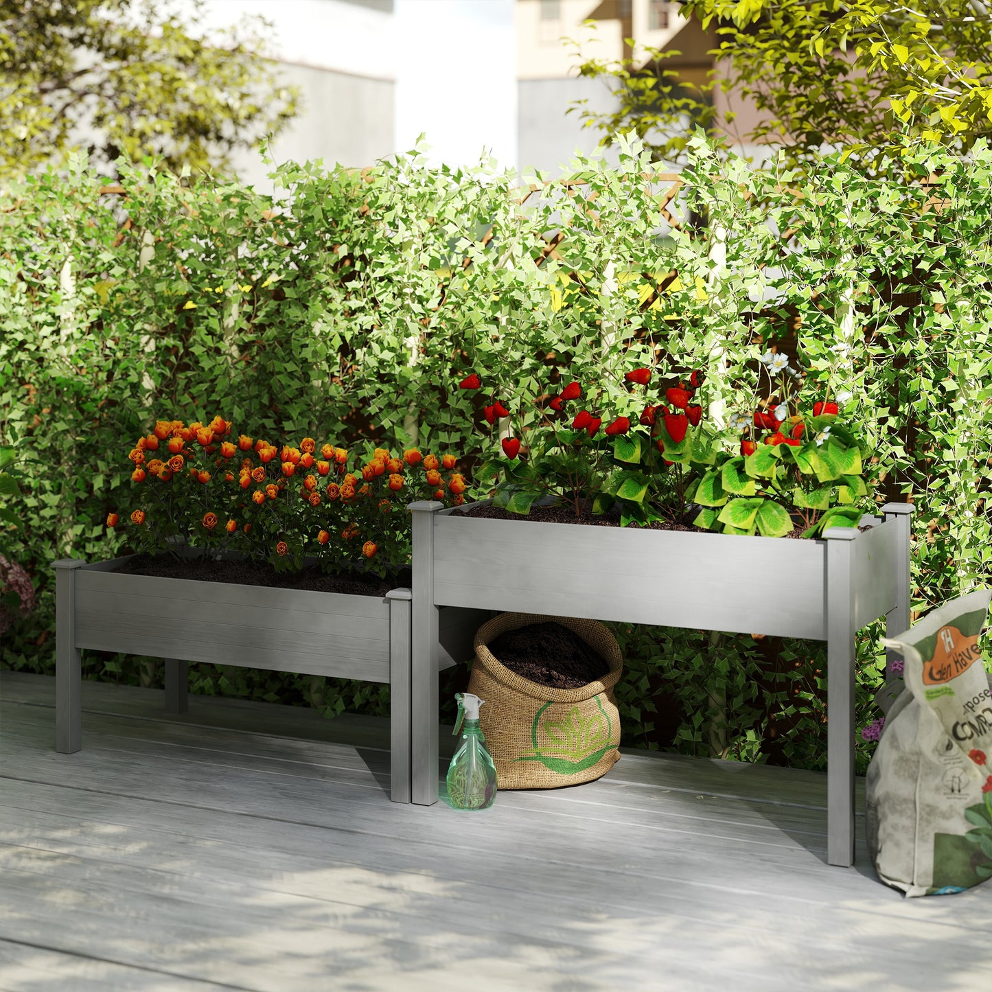 2 Tiers Wood Plant Raised Bed Flower Vegetable Herb Grow Box Stand Garden Step Planter Stand Free Combination Grey