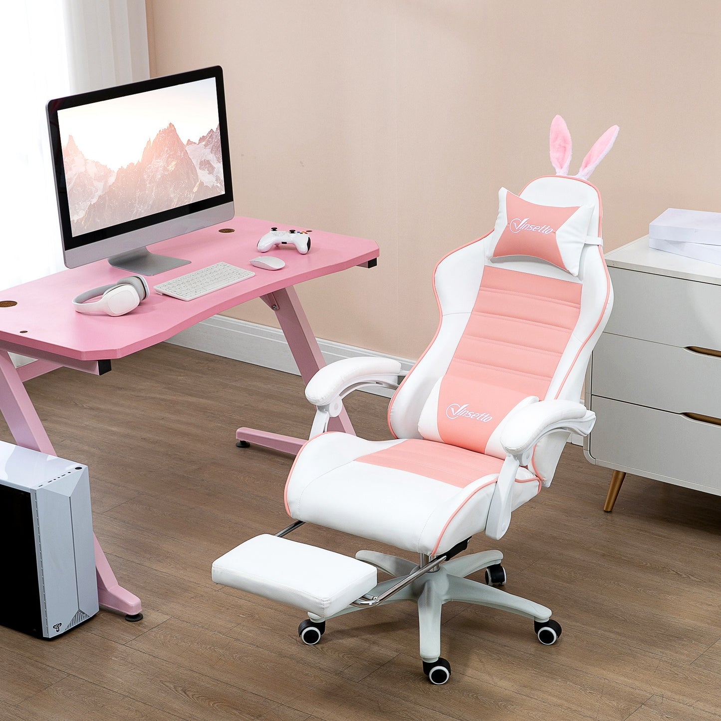Cute Racing Gamer Chair, PU Leather Gaming Chair with Footrest, Headrest and Lumbar Support, Pink