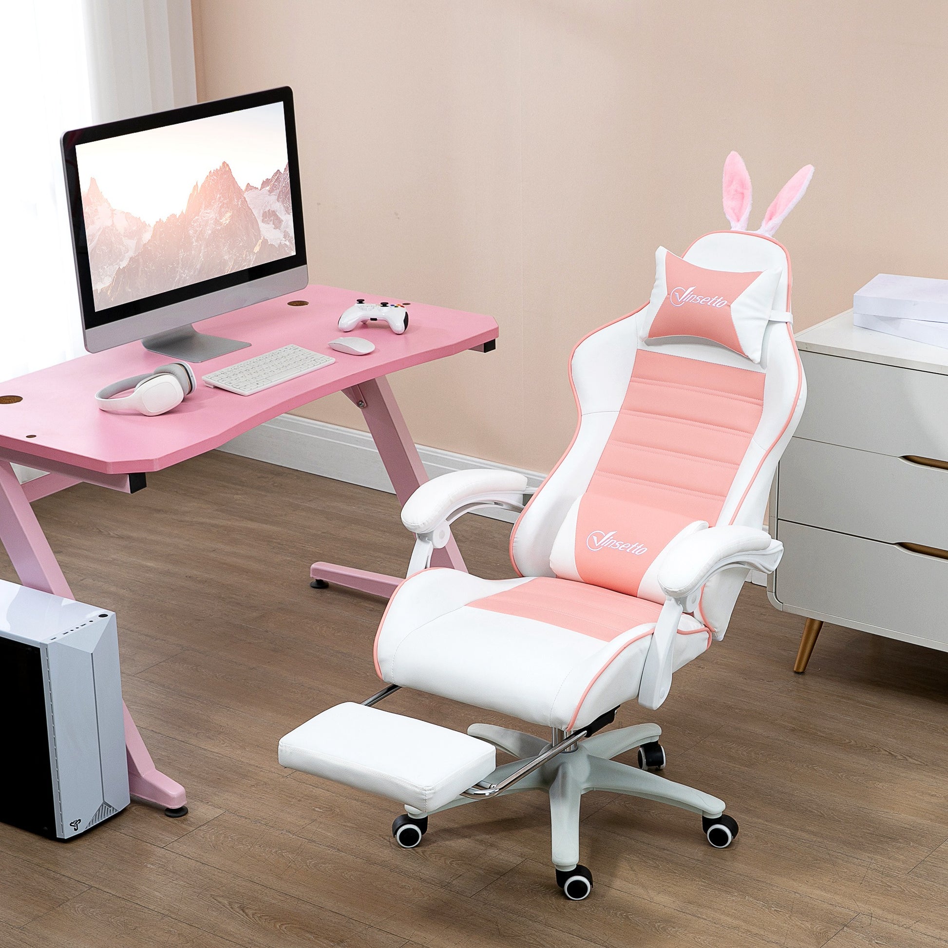 Cute Racing Gamer Chair, PU Leather Gaming Chair with Footrest, Headrest and Lumbar Support, Pink