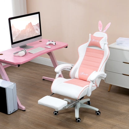 Cute Racing Gamer Chair, PU Leather Gaming Chair with Footrest, Headrest and Lumbar Support, Pink