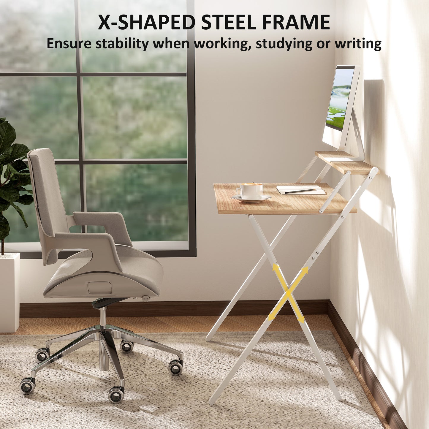 Folding Computer Desk, 32" Foldable Desk with Monitor Shelf for Small Space, Home Office, Easy Assembly, Natural Wood