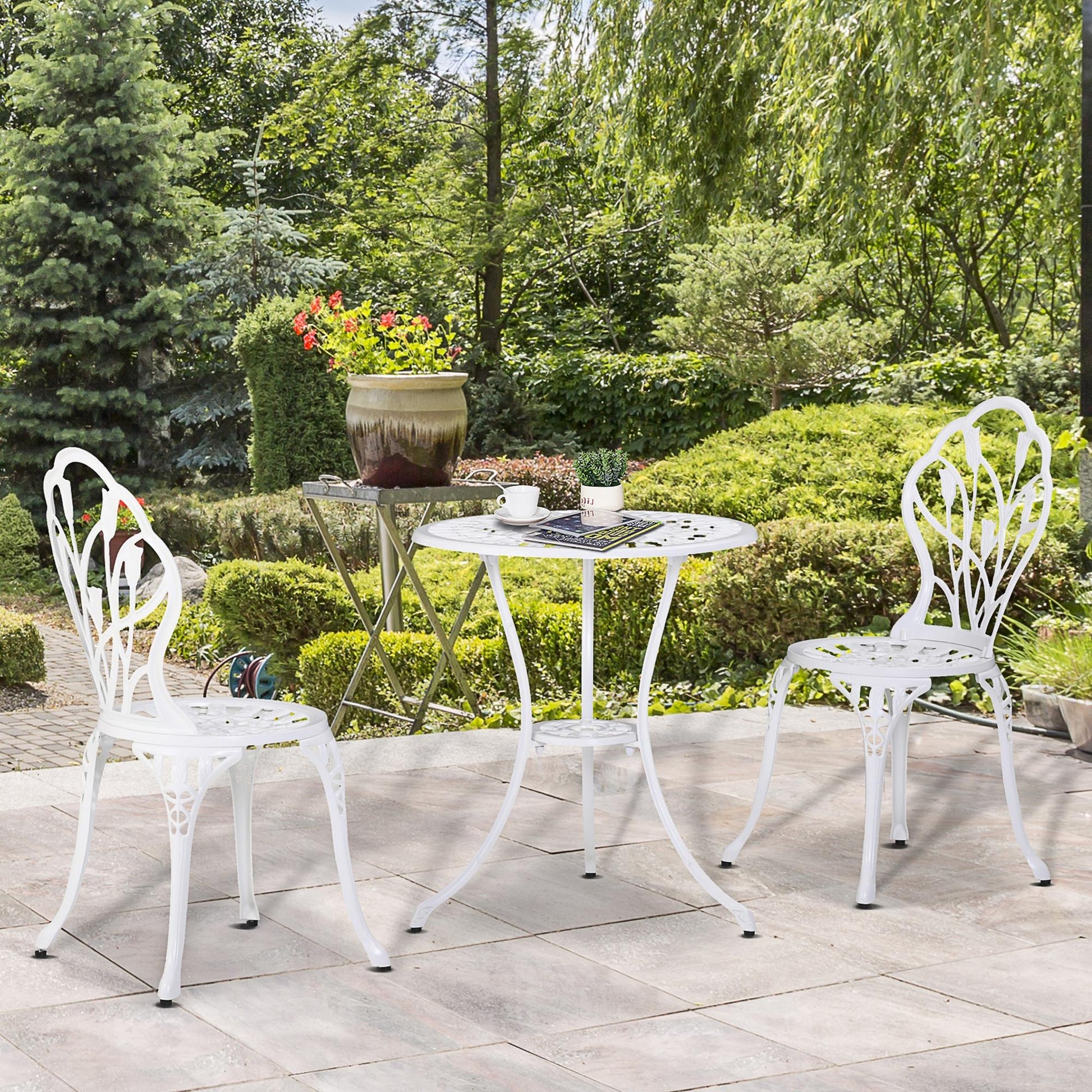 3 Pieces Patio Bistro Set, Outdoor Cast Aluminum Garden Table and Chairs with Umbrella Hole for Balcony, White
