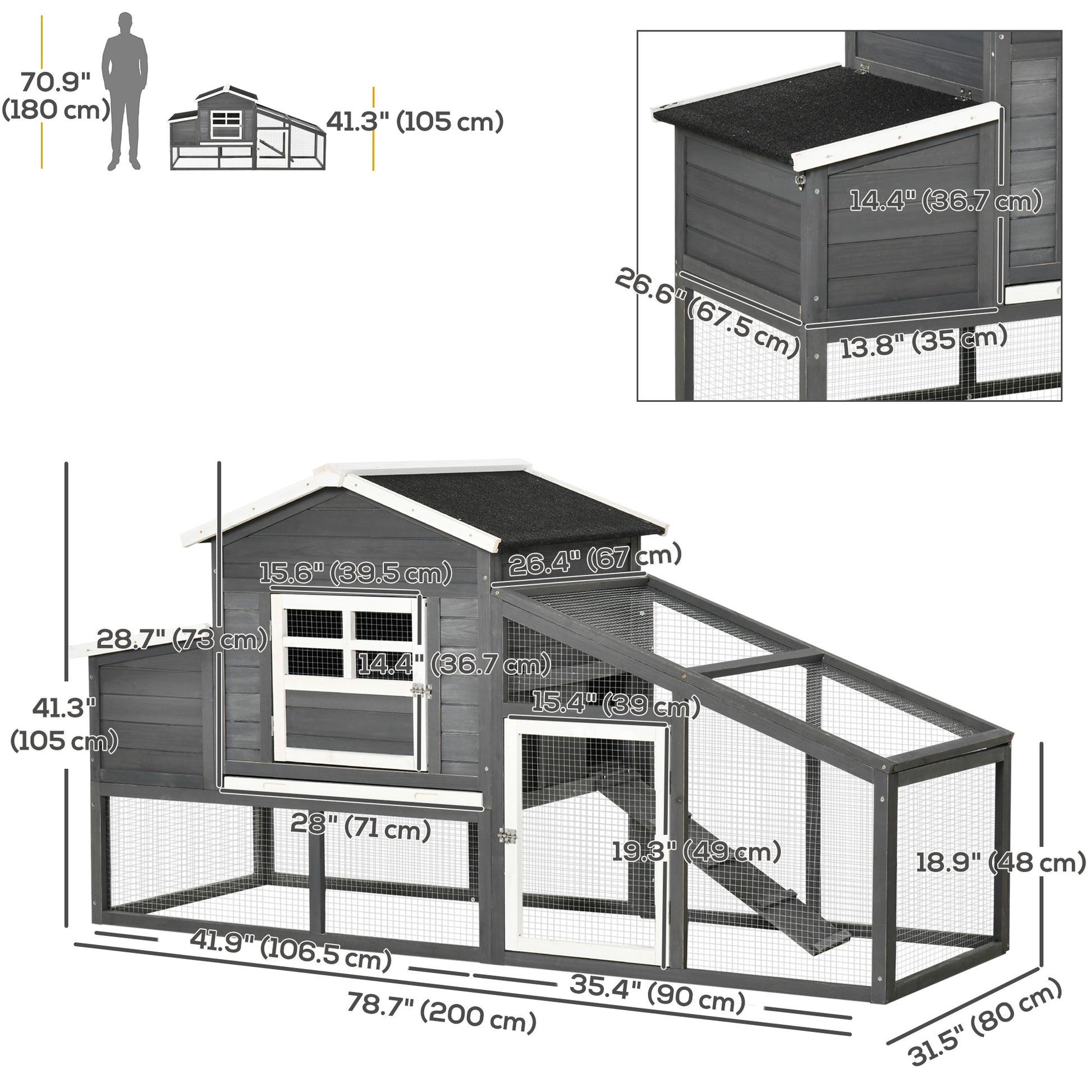 79" Wooden Chicken Coop, Outdoor Hen House, Poultry Habitat with Removable Tray, Nesting Box, Run, Ramp, Grey