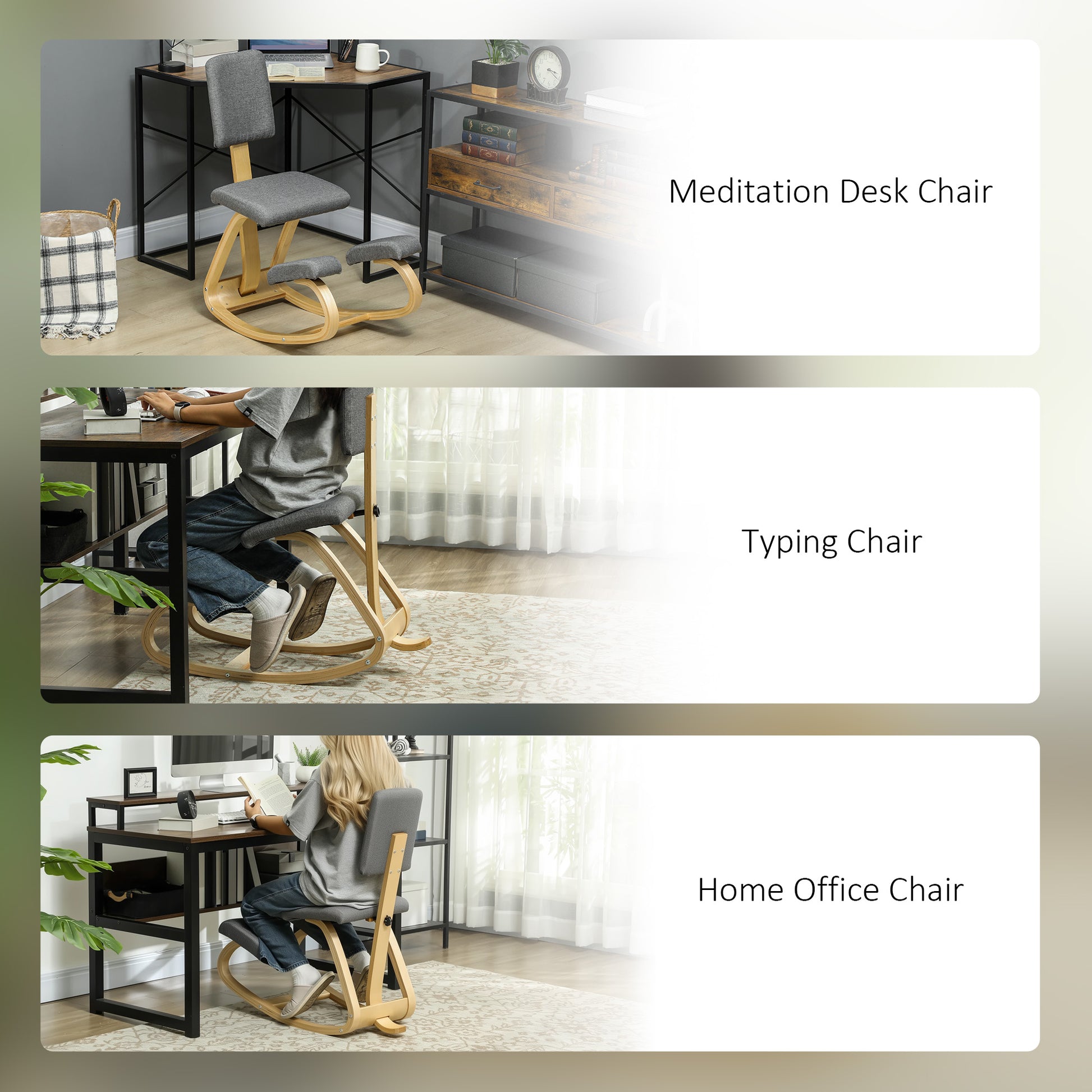 Ergonomic Kneeling Chair, Rocking Wood Kneel Stool with Backrest for Improve Posture, Back Pain, Grey
