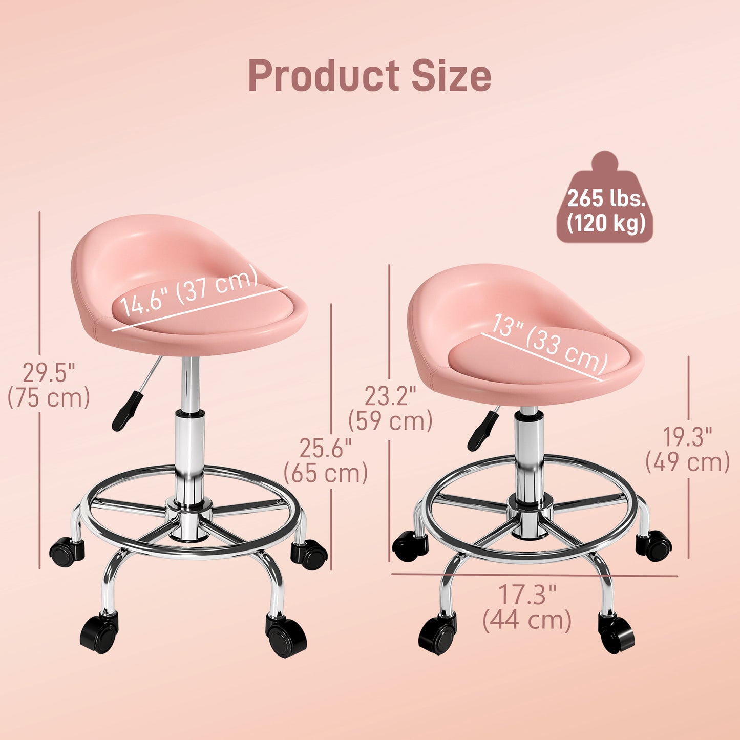 PU Leather Rolling Stool, Height Adjustable Swivel Salon Chair with Backrest and Foot Rest for Spa, Tattoo, Pink