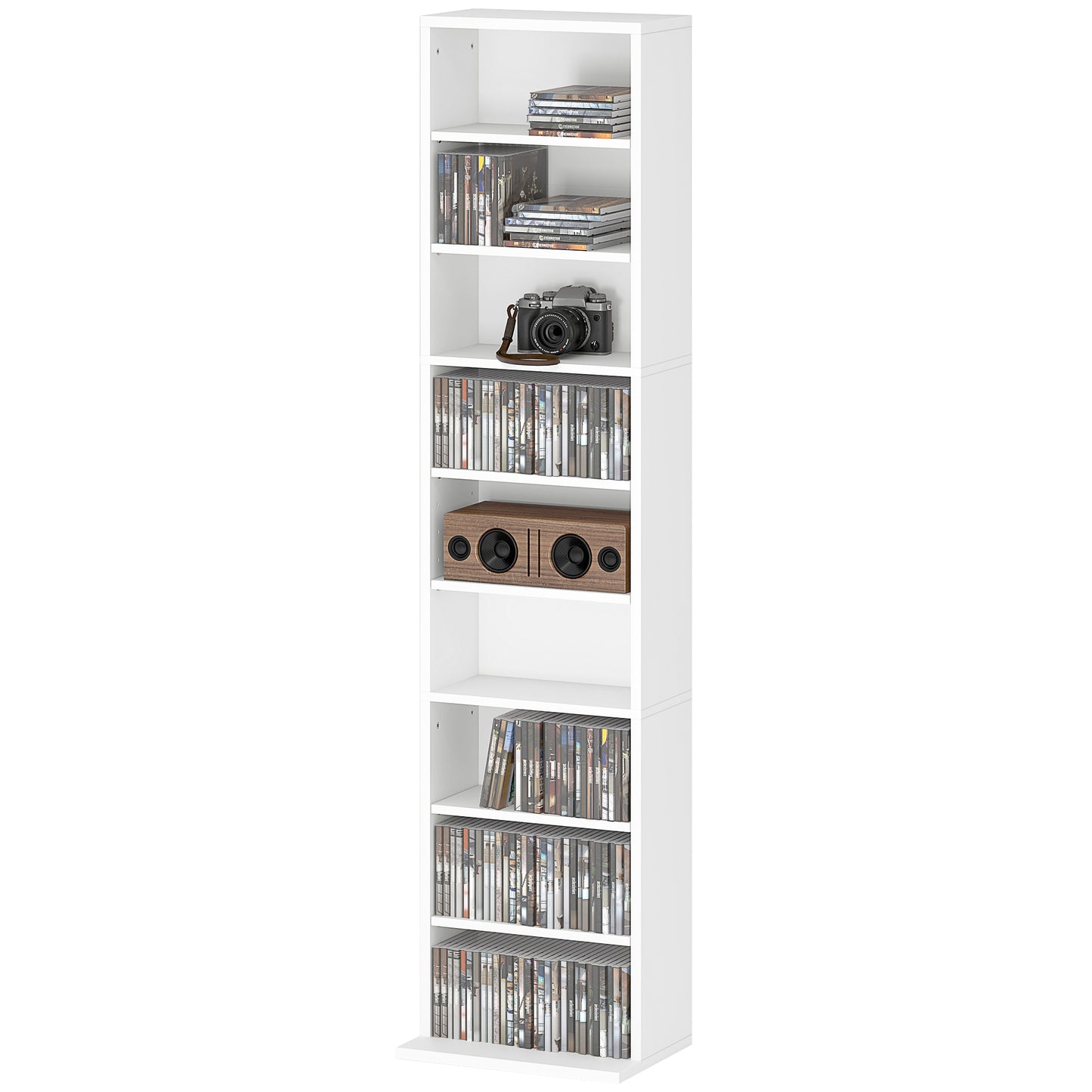 Media Storage Cabinet, 9-Tier Tall Narrow DVD Shelf with 6 Adjustable Shelves, White