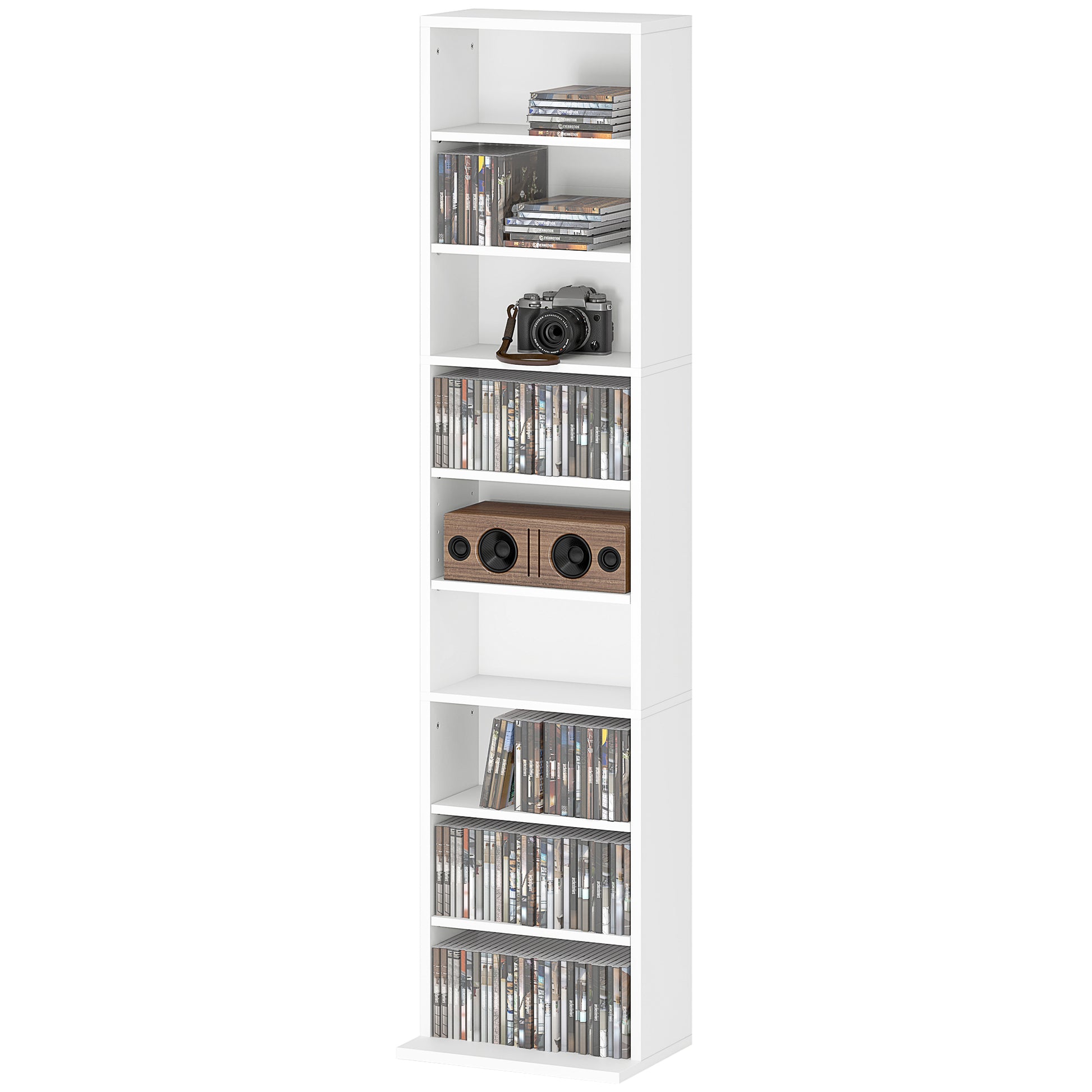 Media Storage Cabinet, 9-Tier Tall Narrow DVD Shelf with 6 Adjustable Shelves, White