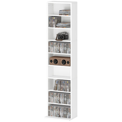 Media Storage Cabinet, 9-Tier Tall Narrow DVD Shelf with 6 Adjustable Shelves, White