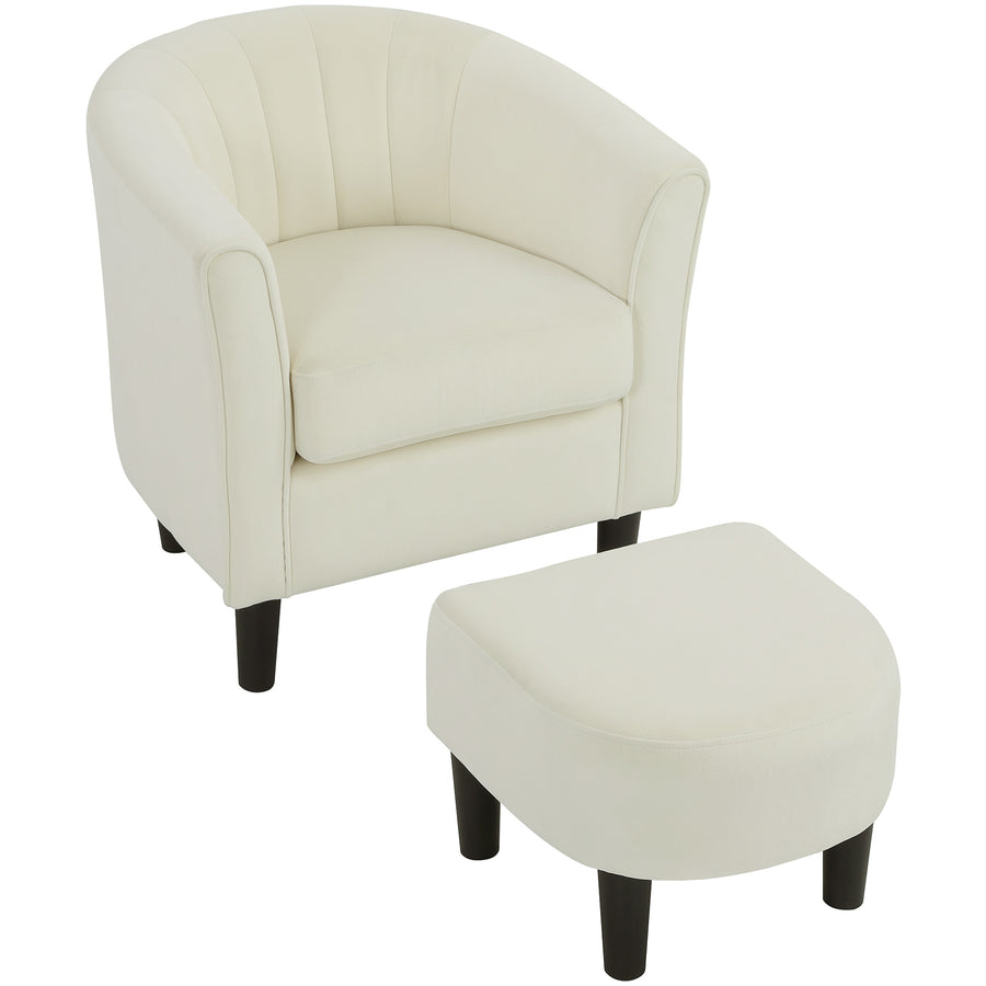 Accent Chair Modern Upholstered Living Room Chair with Ottoman and Pocket Spring Cushion Cream White