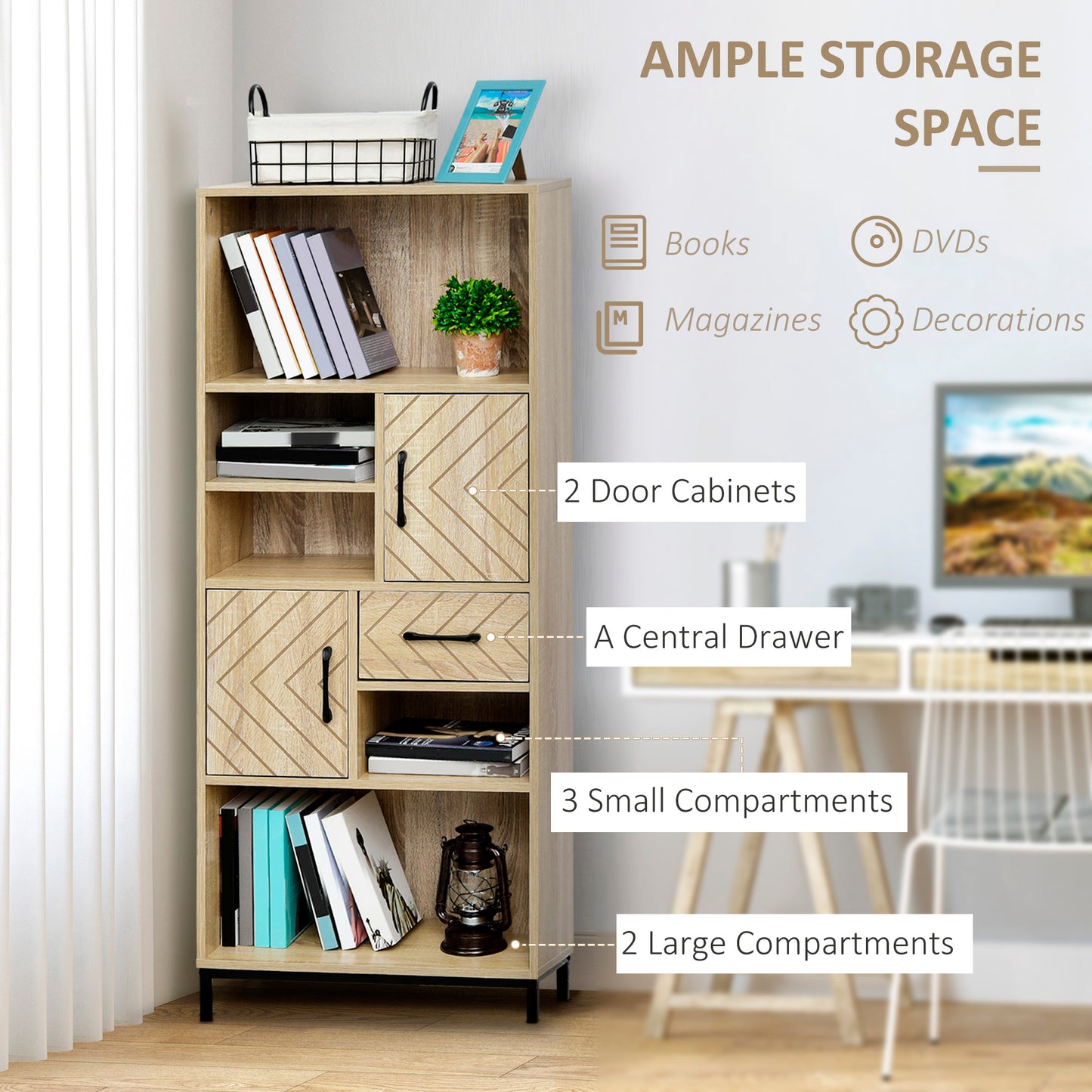 59" Bookcase, Storage Bookshelf with Cabinets, Drawer and Open Compartments, Freestanding Display Shelves for Home Office, Living Room, Study, Nature Wood