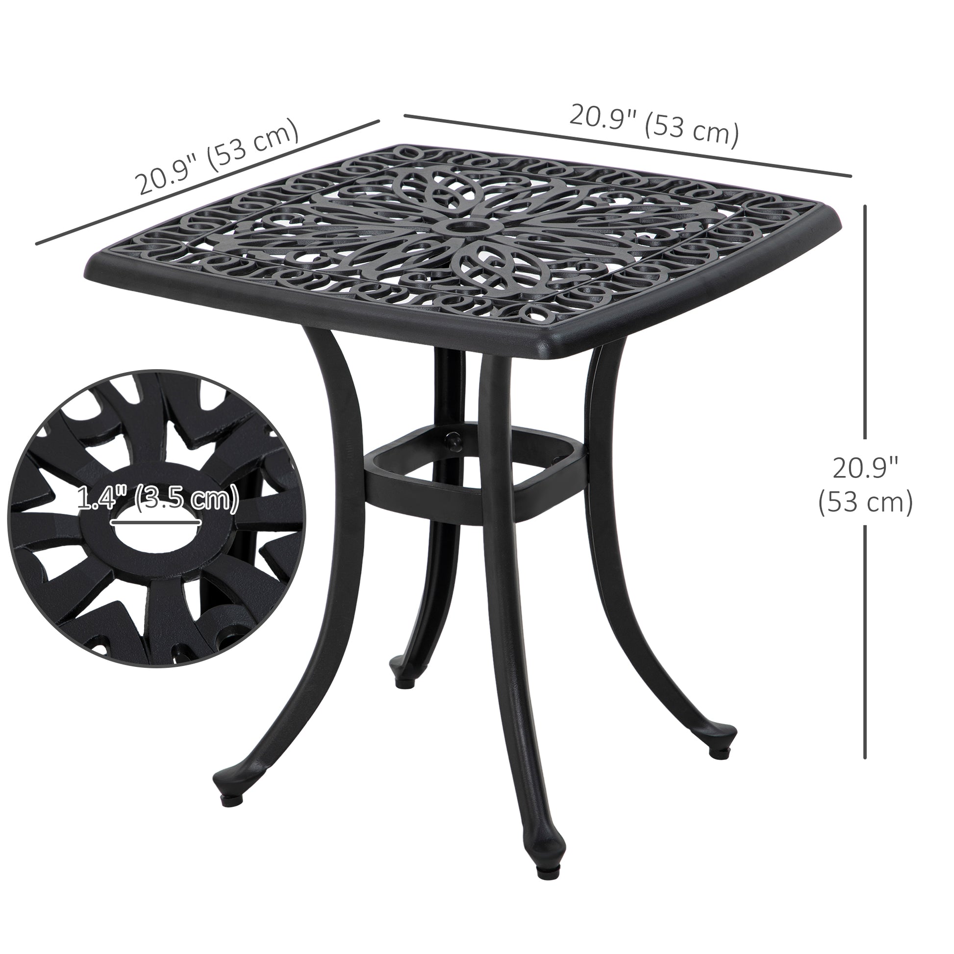 21" Square Outdoor End Table, Cast Aluminum Patio Side Table with Umbrella Hole for Garden, Balcony, Poolside, Black