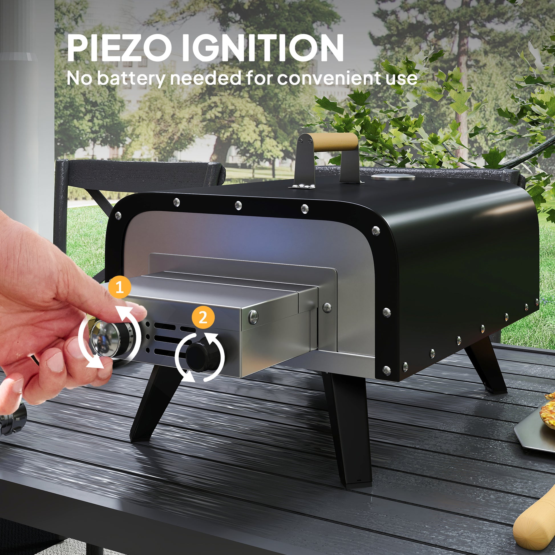 Outdoor Tabletop Gas Pizza Oven with 12" Stone and Peel, Portable Pizza Oven Maker with Thermometer, Foldable Legs, Handle, Gas Hose and Regulator, Black