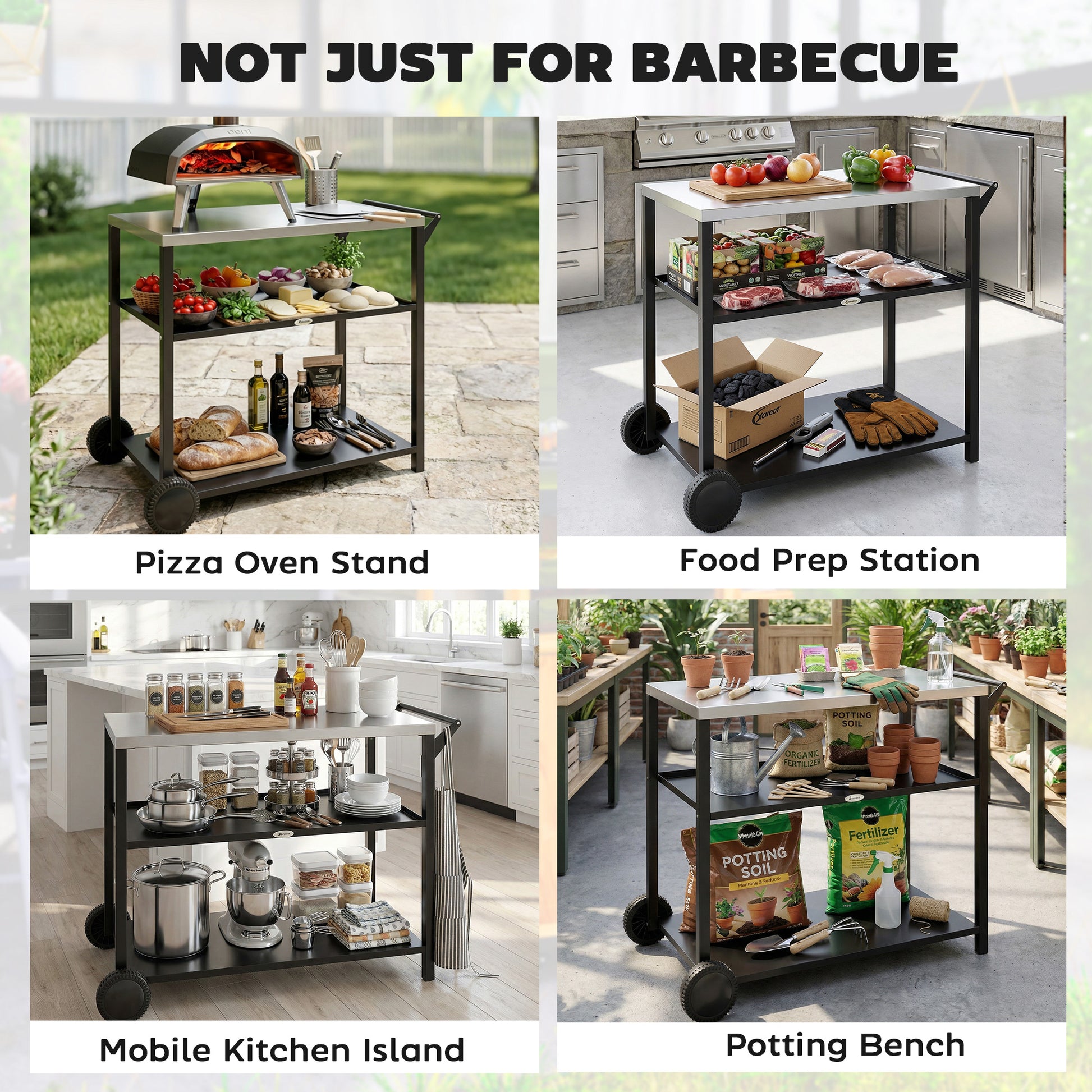 Outdoor Grill Cart with Stainless Steel Tabletop, 3-Tier BBQ Stand, Movable Food Prep Table on Wheels, Black